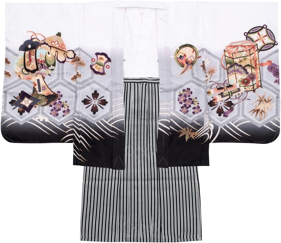 七五三 着物 男の子 五歳 13点フルセット 光 鷹 熨斗 白 羽織袴セット